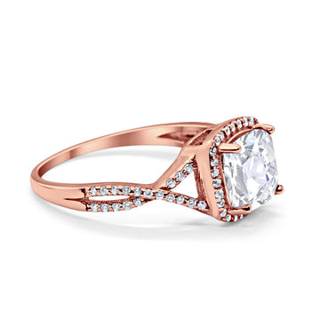 Halo Infinity Shank Engagement Ring Cushion Rose Tone, Simulated CZ 925 Sterling Silver